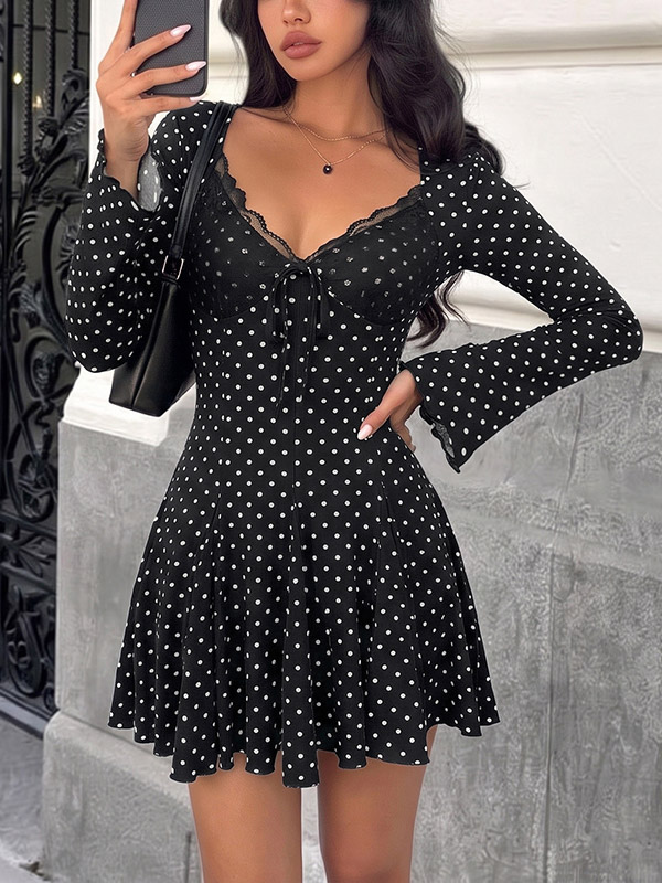 Daily Dresses Polka Dot Ribbed Mini Dress Women Lace Trim V Neck Tie Front Flare Long Sleeve Ruffle Hem Dress-image-1092798