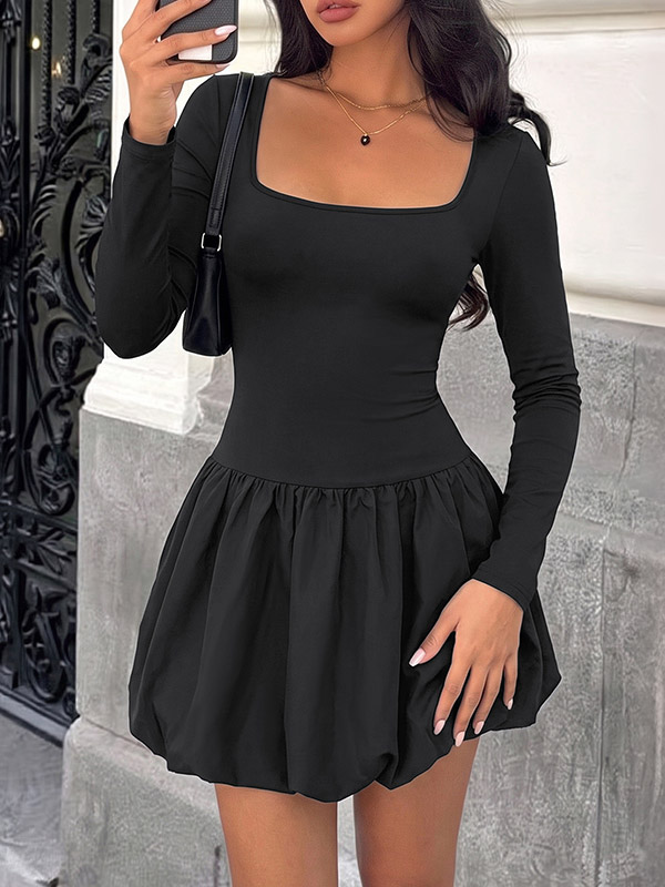 Daily Dresses Square Neck Long Sleeve Mini Dress Women Slim Fit Ruffle Bubble Hem Black Casual Dress-image-1092796