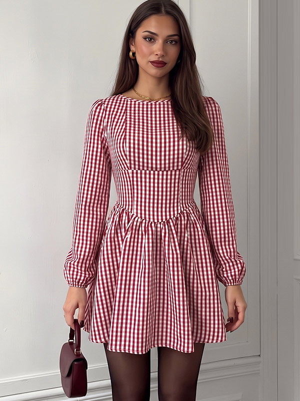 Daily Dresses Gingham Check Long Sleeve Mini Dress Backless Tie Bow Ruffle Hem Square Neck Casual Dress-image-1092794