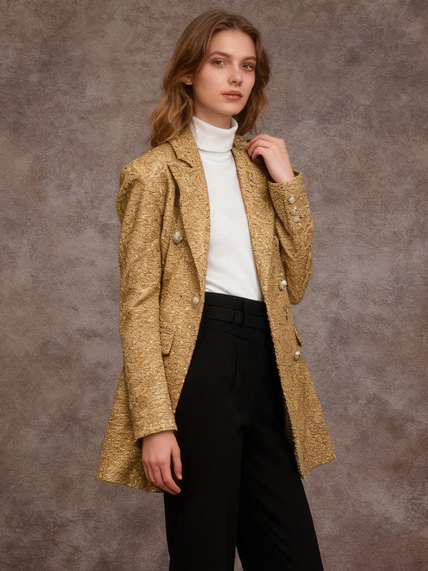 Gold Tweed Double Breasted Blazer Pearl Buttons Waist Fitted Midi Length Suit Jacket-image-1092868