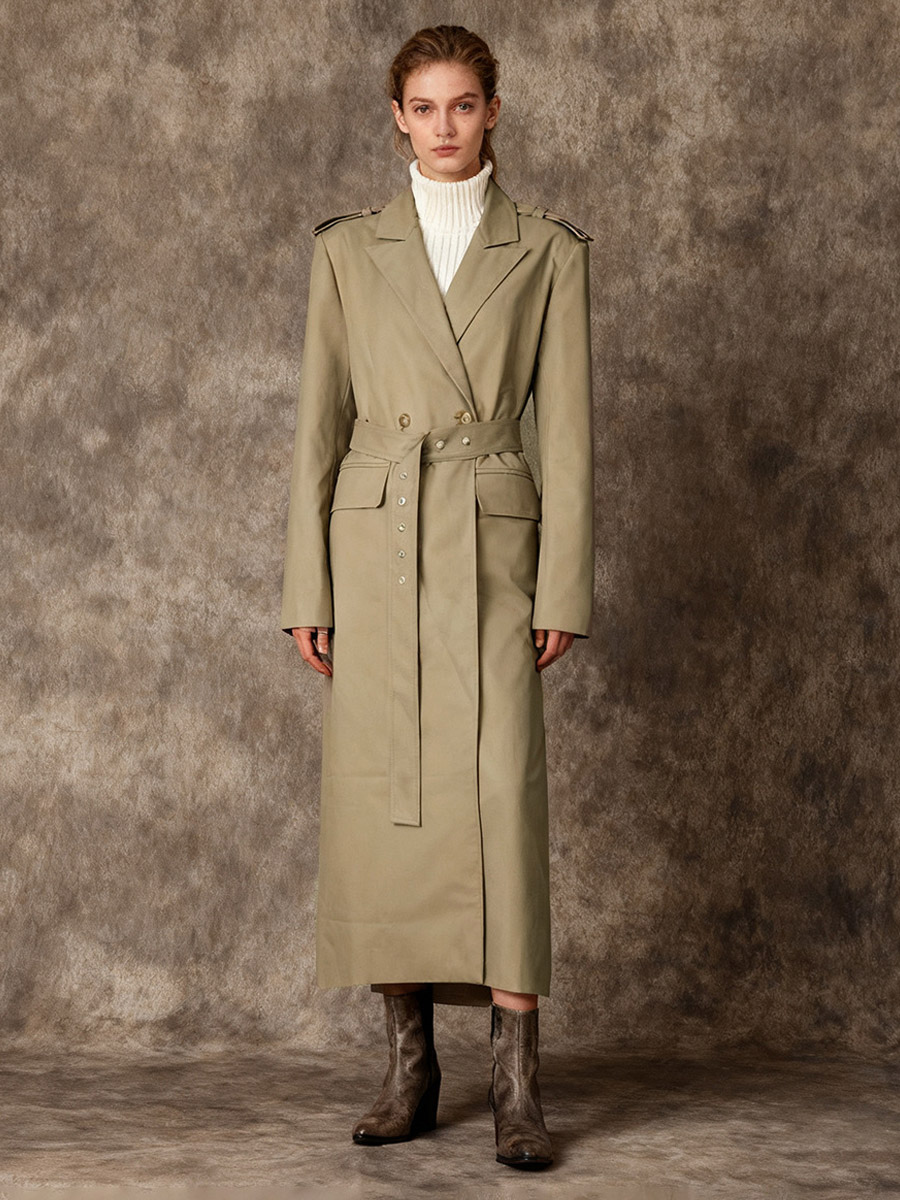 Khaki Double Breasted Maxi Trench Coat Notched Lapel Belted Waist Long Sleeve Outerwear-image-1092858