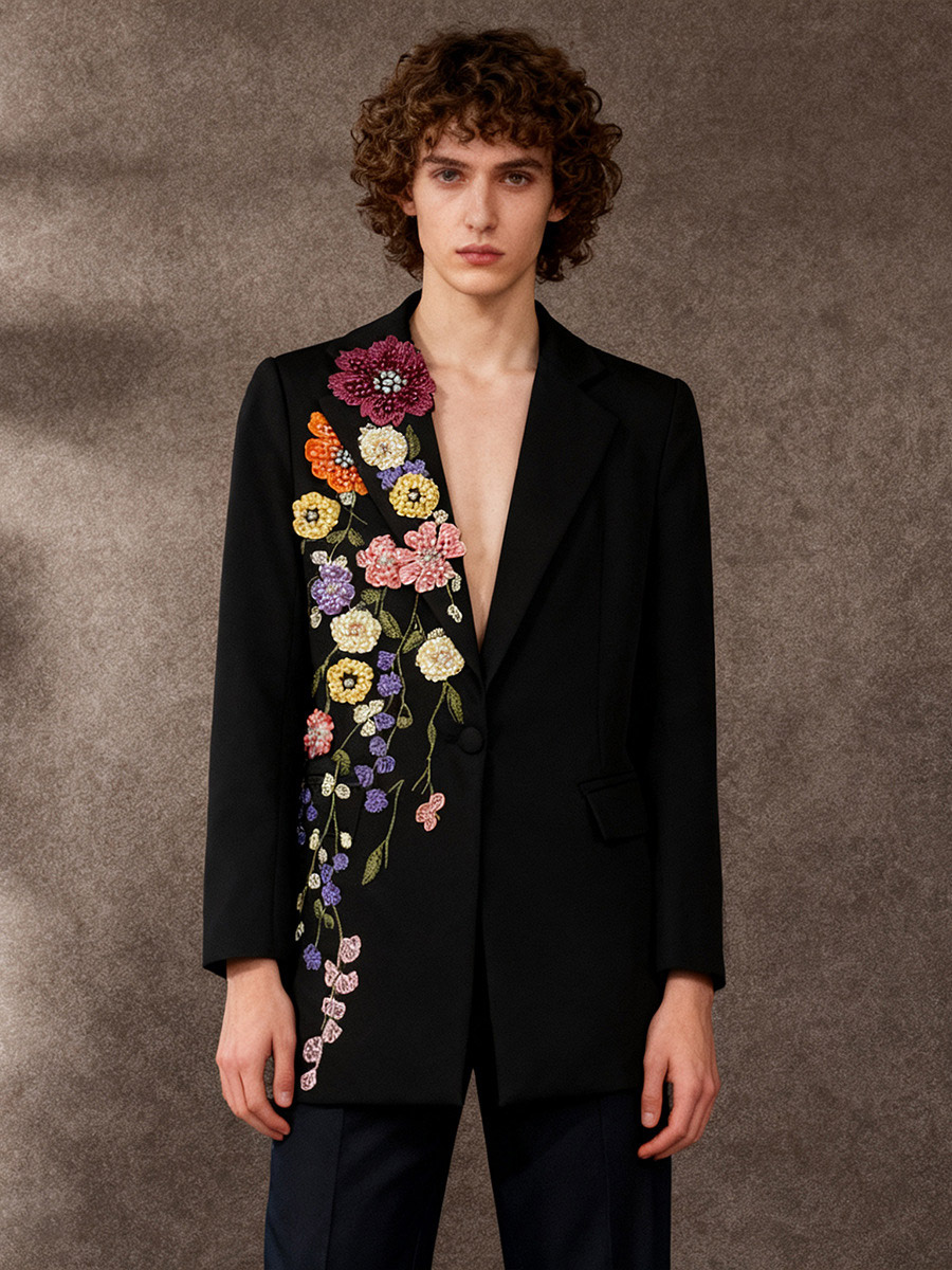 Women Oversized Blazer Handmade Pearl Flower Embroidery Notched Collar Formal Outerwear-image-1092862