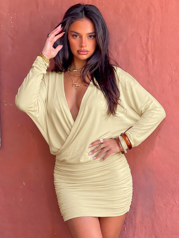 Daily Dresses Deep V Batwing Long Sleeve Wrap Ruched Bodycon Mini Dress Night Out Party Dress-image-1092952