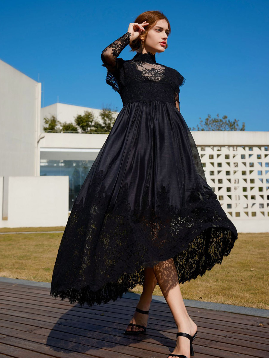 Party Dresses Maternity High Neck Floral Lace Maxi Dress Long Sleeve Sheer Back Flowy A Line Photoshoot Gown-image-1093024