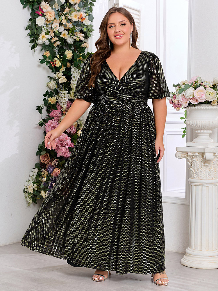 Plus Size V Neck Glitter Mesh Puff Sleeve Maxi Dress A Line Long Evening Party Gown-image-1093010