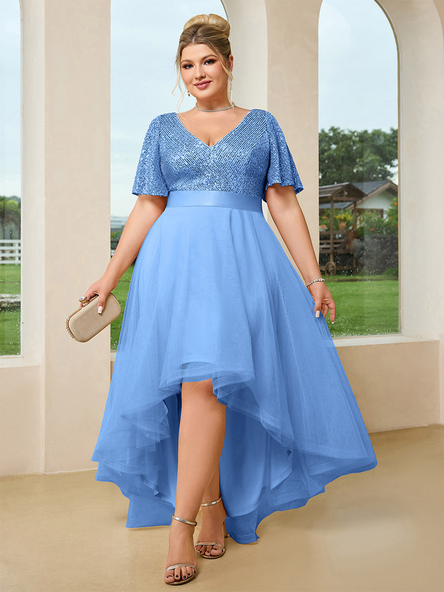 Party Long Dress Plus Size Sequin Flutter Sleeve High Low Tulle Maxi Dress V Neck Bridesmaid Wedding Guest Evening Gown-image-1093002