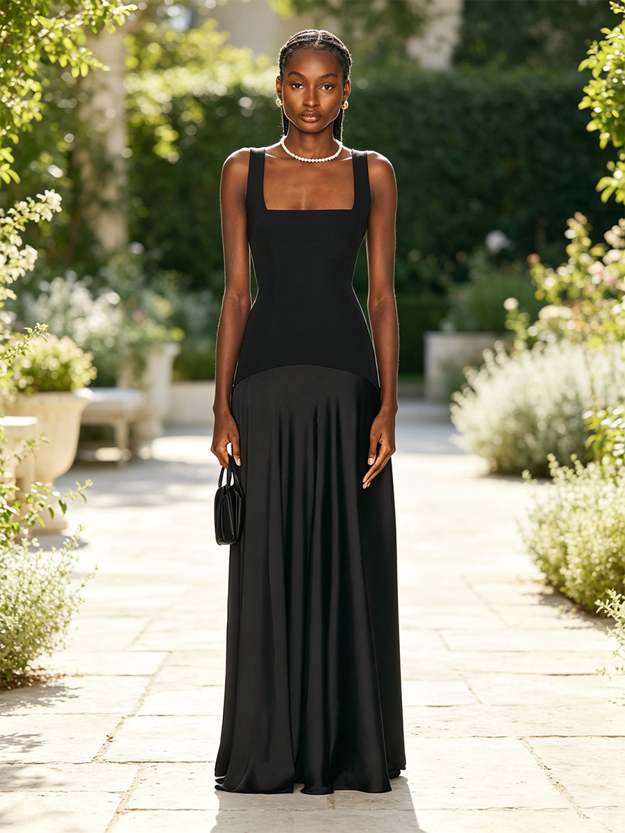 Robe de soirée noire sexy coupe trapèze col carré fermeture éclair