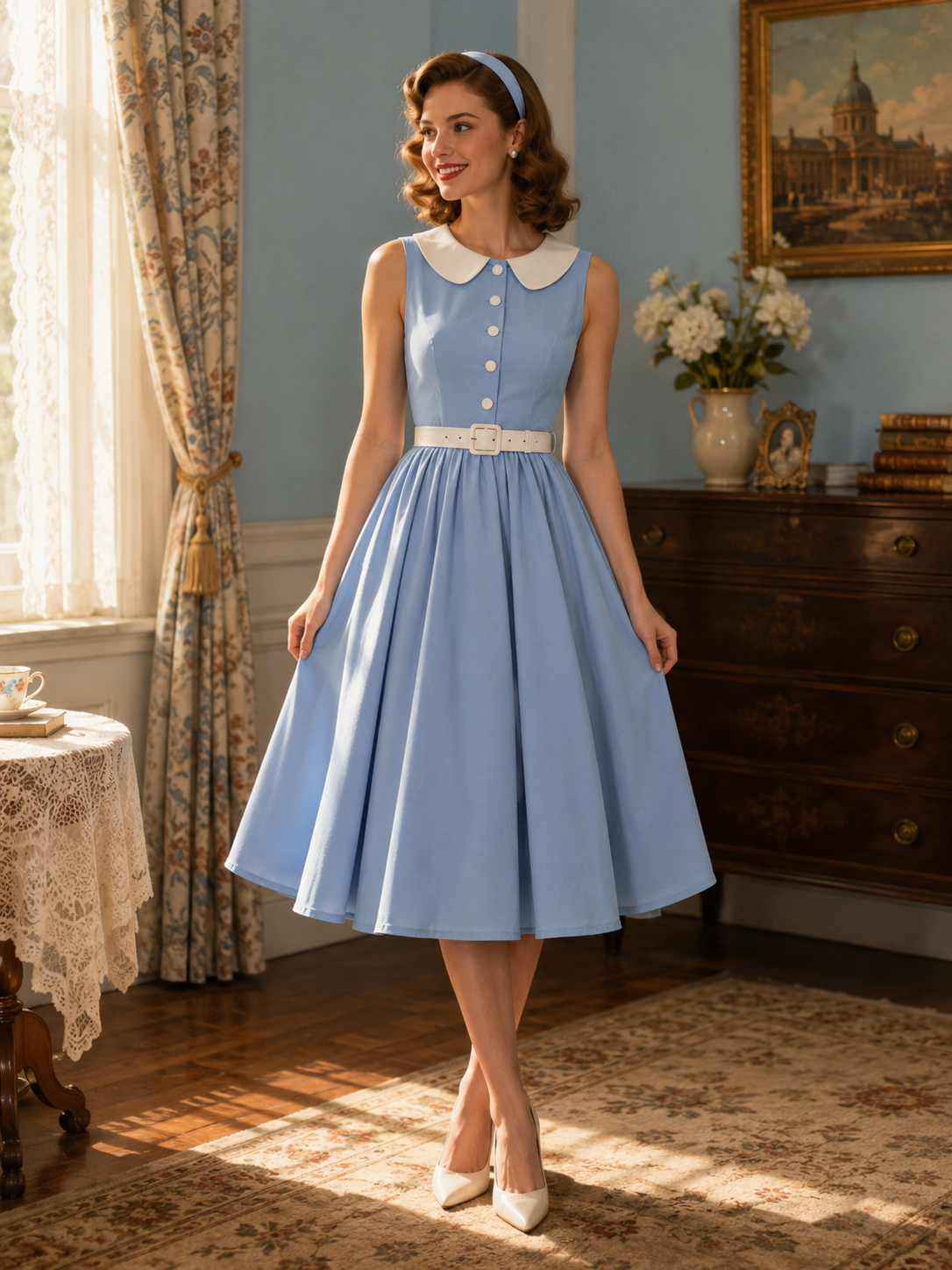 Robe longue rouge sans manches à col Claudine et coupe trapèze pour femme style vintage chic
