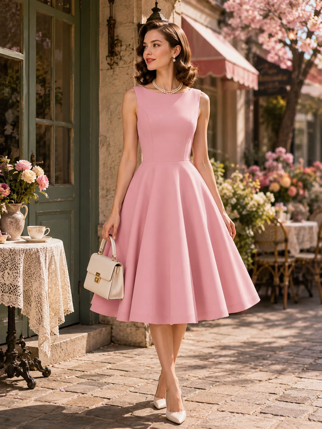 Robe rose élégante et cintrée à jupe trapèze parfaite pour les événements estivaux.