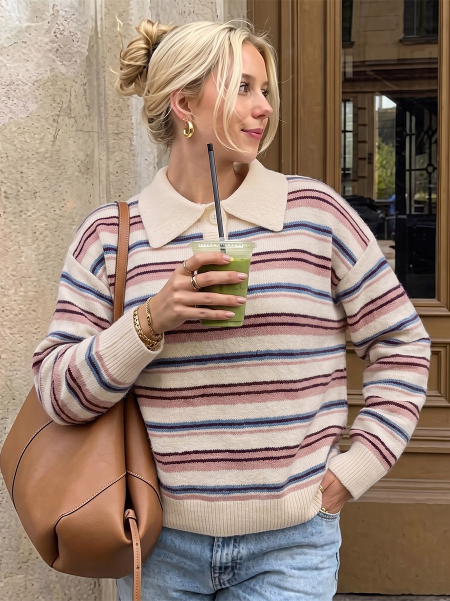 Pull en maille à rayures pastel multicolores pour femme col polo épaules tombantes manches longues couleur crème