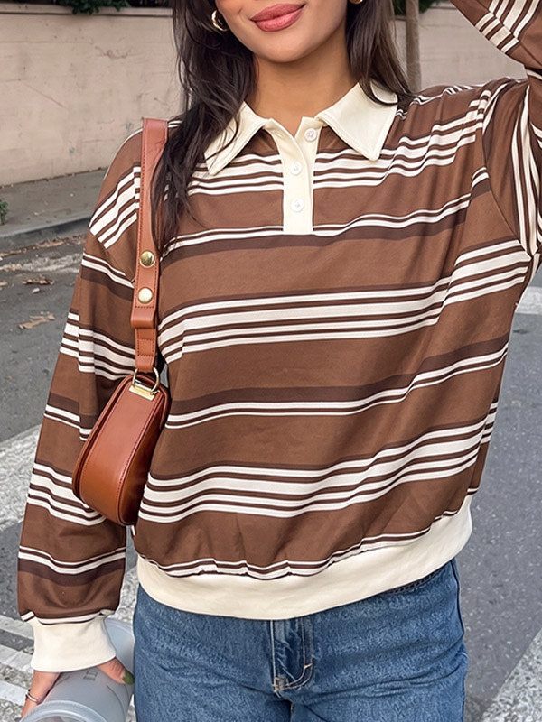 Sweat-shirt polo rayé marron et blanc pour femme manches longues coupe ample style décontracté