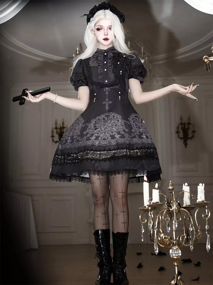 Gothic Lolita Lace Frill Cross Print Short Sleeve Lolita OP Dress