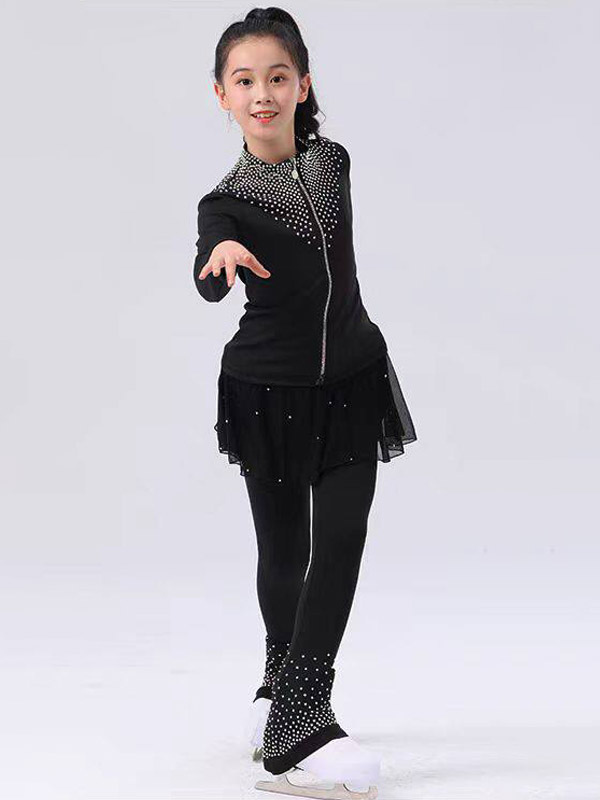 Ensemble veste et pantalon de patinage artistique pour filles et femmes orné de strass manches longues survêtement chaud avec coussinets de hanches 