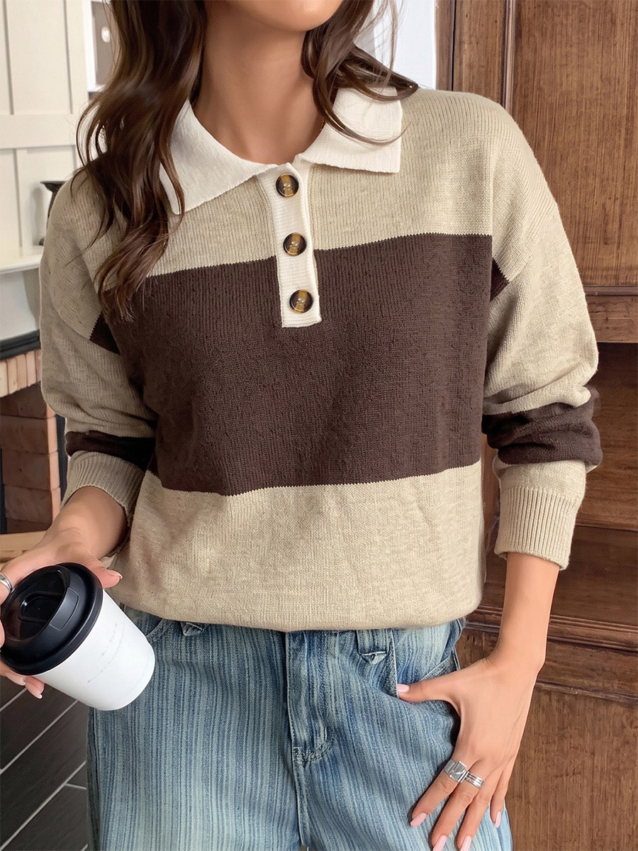 Pull vintage beige café à rayures color block col polo à demi-boutonnage maille ample