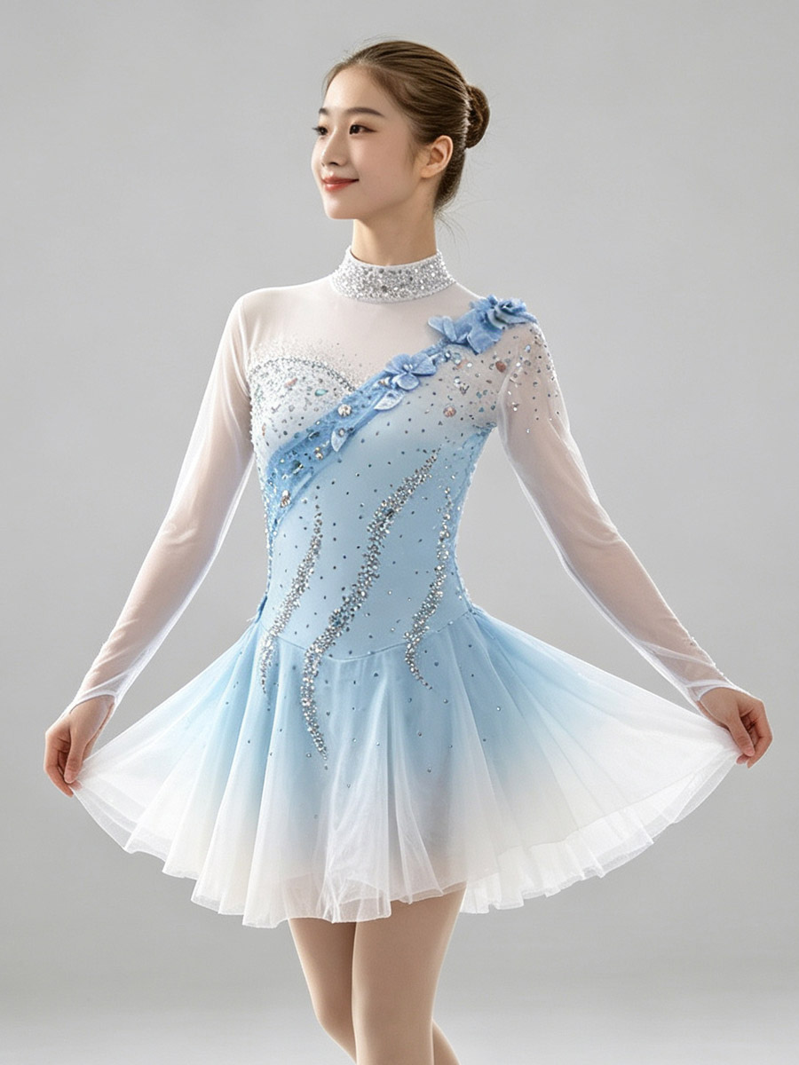 Robe de patinage artistique pour femmes et filles robe de patinage sur glace ultra-élastique tenue d'entraînement et de compétition manches longues 