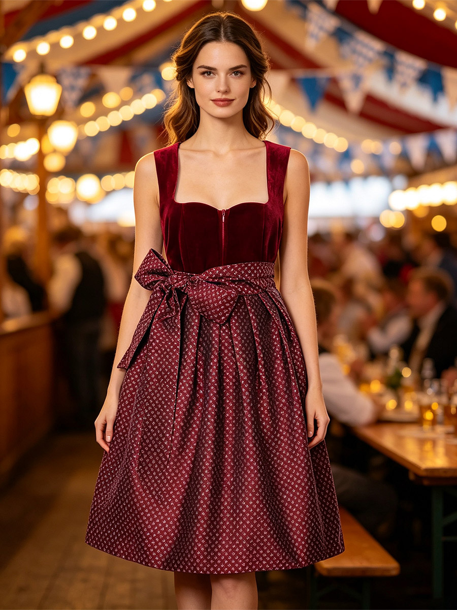 Costume de serveuse de bière allemande pour femme robe dirndl rouge en velours avec tablier tenue de fête carnaval et festival bavarois
