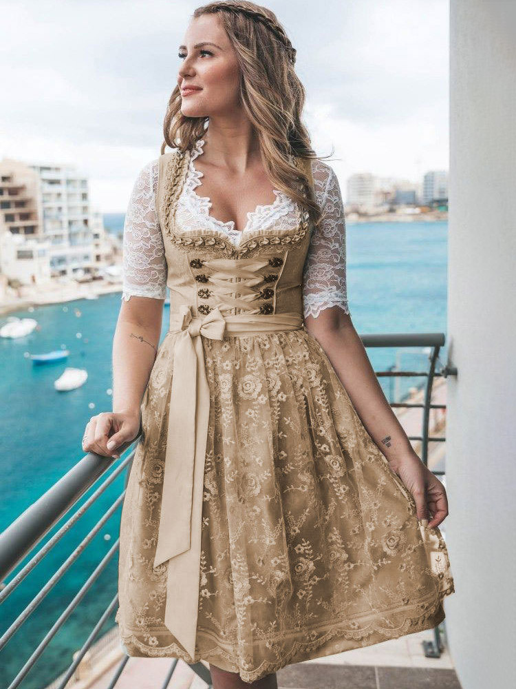 Déguisements Oktoberfest pour femmes - Robe Dirndl Midi Rose - Grandes Tailles