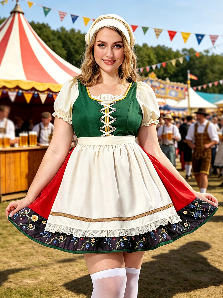 Déguisements pour l'Oktoberfest : robe Dirndl mi-longue pour femme costume de fête tablier vert à imprimé floral Art déco/rétro pour femme.
