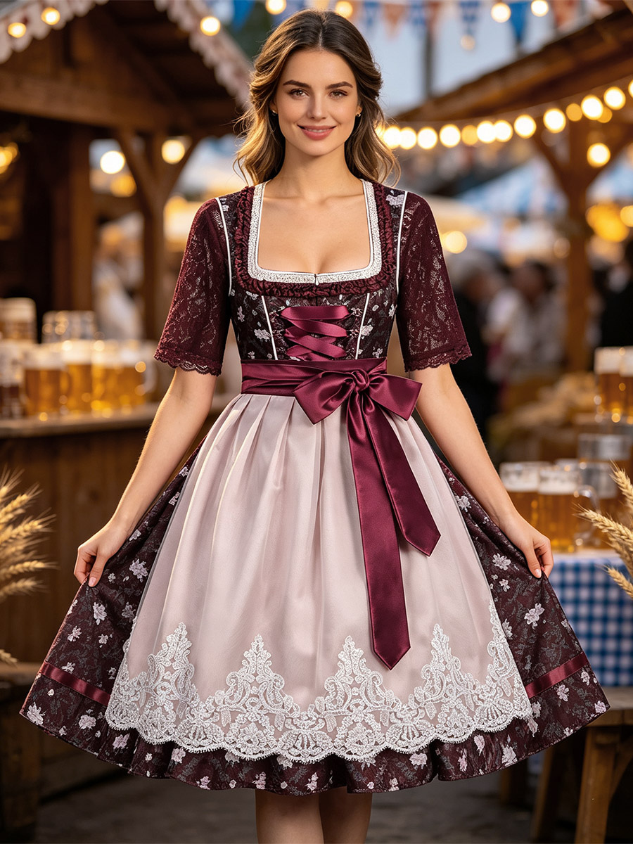 Déguisements Oktoberfest Dirndl Robe Dirndl Midi Longue Femme Bordeaux Halloween Rétro Robe Fille Adulte Ensemble de Fêtes