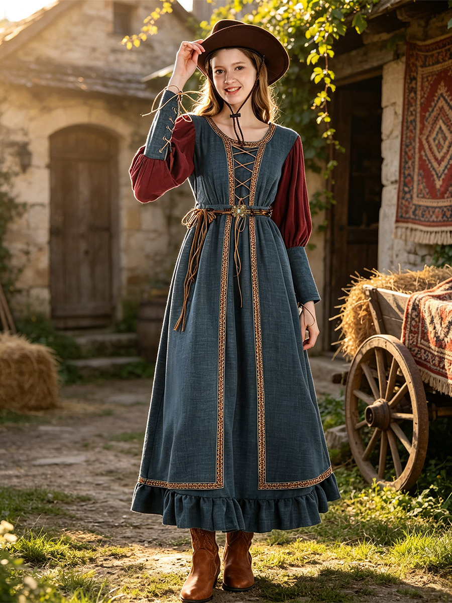 Robe bohème médiévale Renaissance longue jusqu'au sol manches longues laçage pirate coupe trapèze col rond déguisement pour femme fantaisie carnaval 