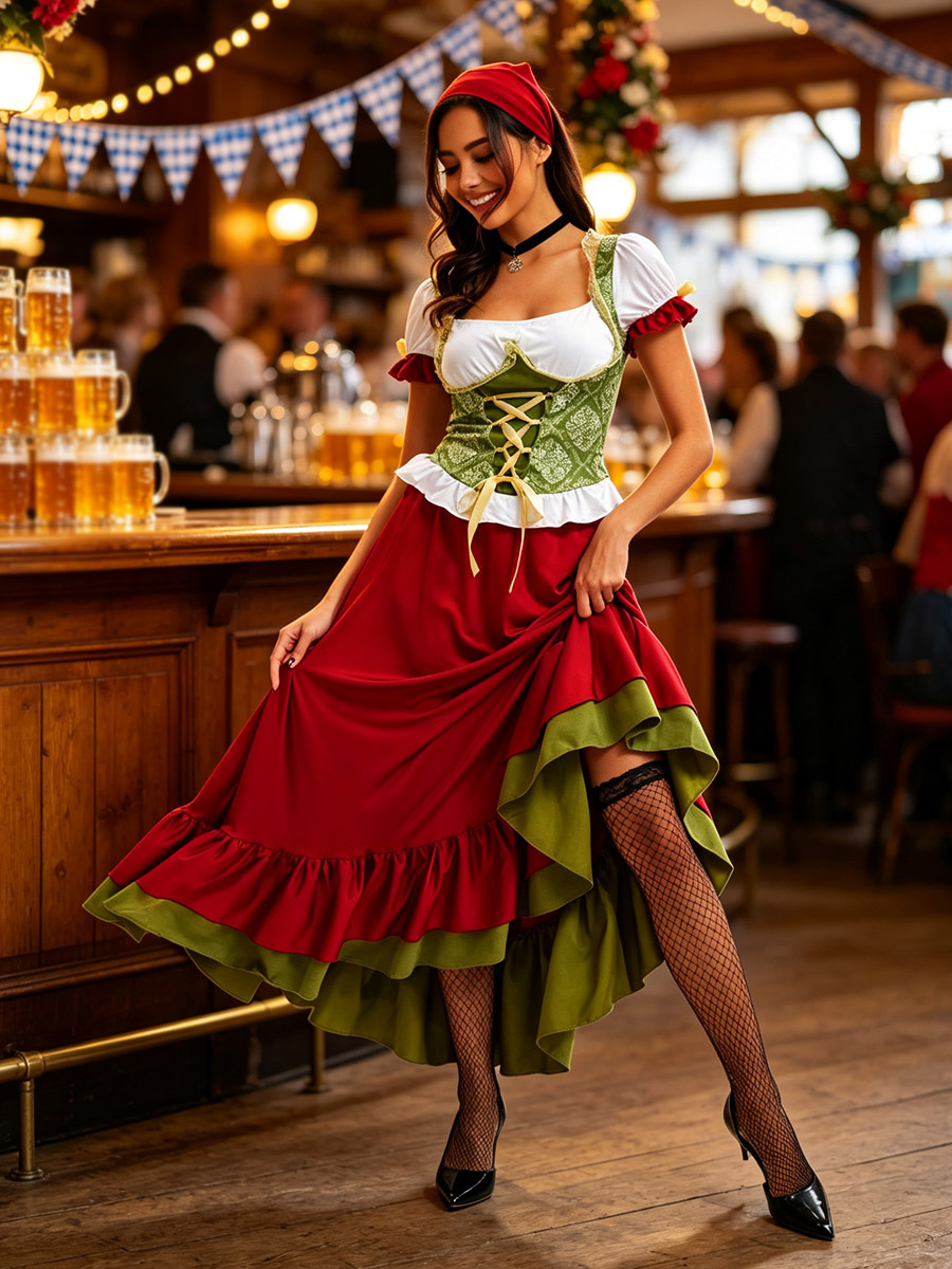 Costumes d'Oktoberfest costumes de fêtes costumes rouges d'Halloween rétro pour femmes et adultes jupe d'Halloween ensembles
