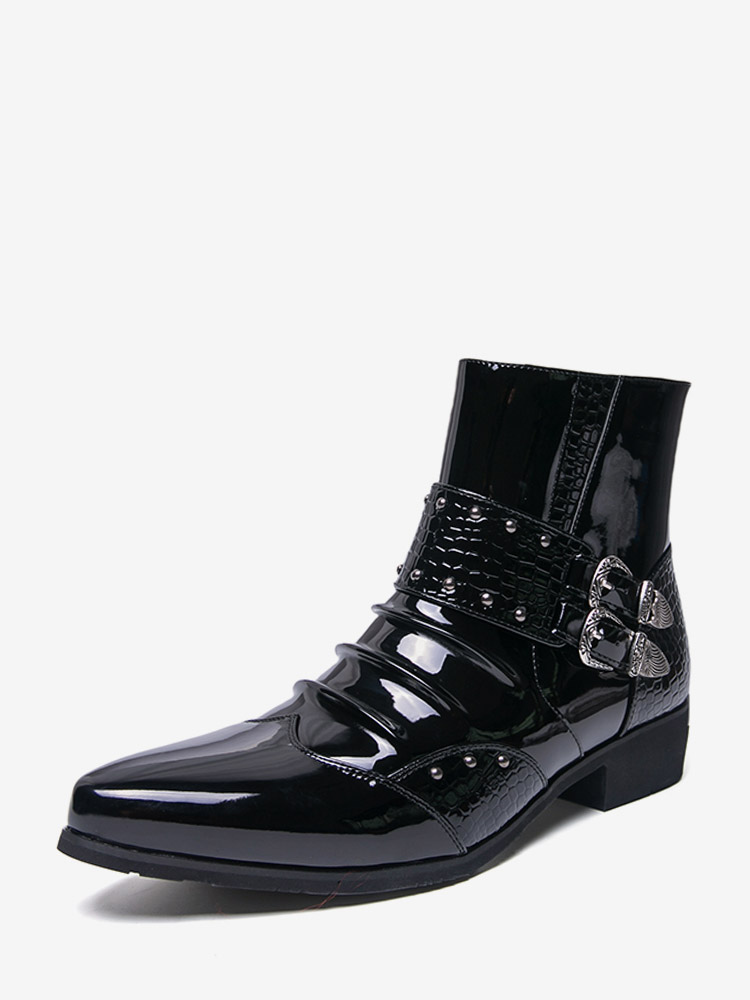 Bottines noires pour homme bout pointu fermeture éclair et boucle