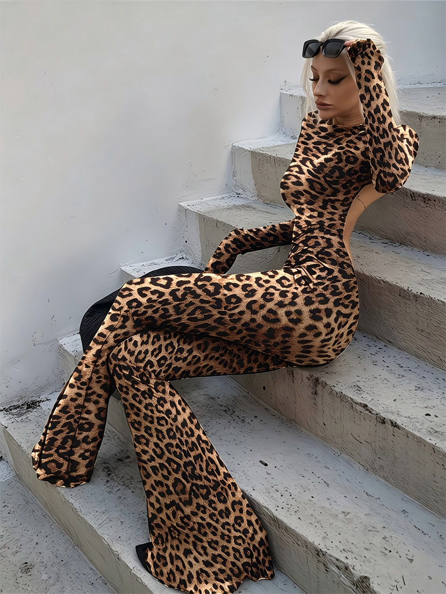 Combinaison sexy dos nu à imprimé léopard pour femme manches longues et jambes évasées