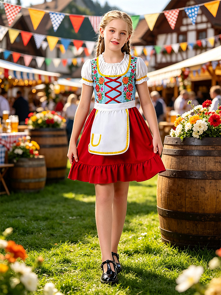 Ensemble de robe rouge style européen pour fille idéal pour l'Oktoberfest et les fêtes.