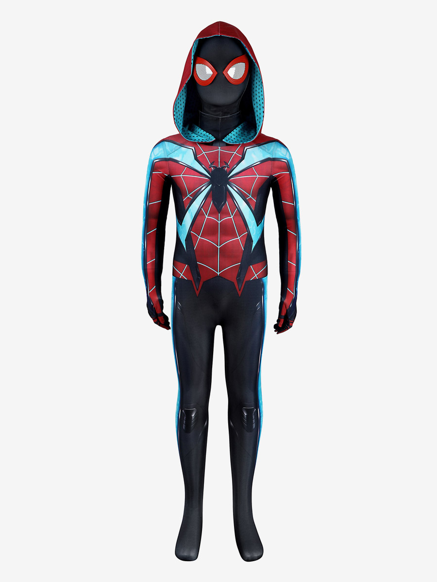 Marvel's Spiderman 2 Miles Morales Variant Suit Superhelden-Zentai-Body mit Kapuze und cyanfarbenen Akzenten