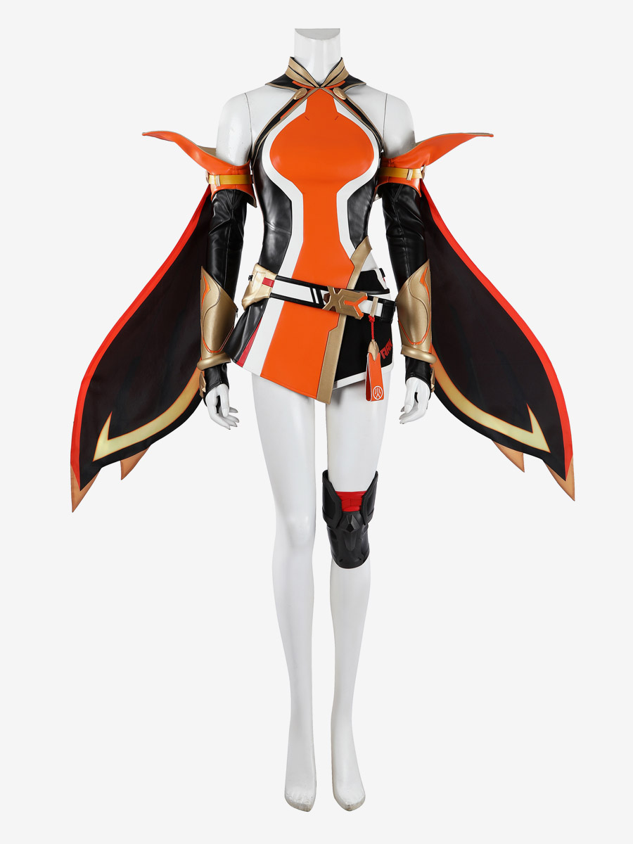 Overwatch Anran Ye Cosplay Uniform Orange und Schwarz Taktisches Kleid Set mit Armschienen und Beinschützern