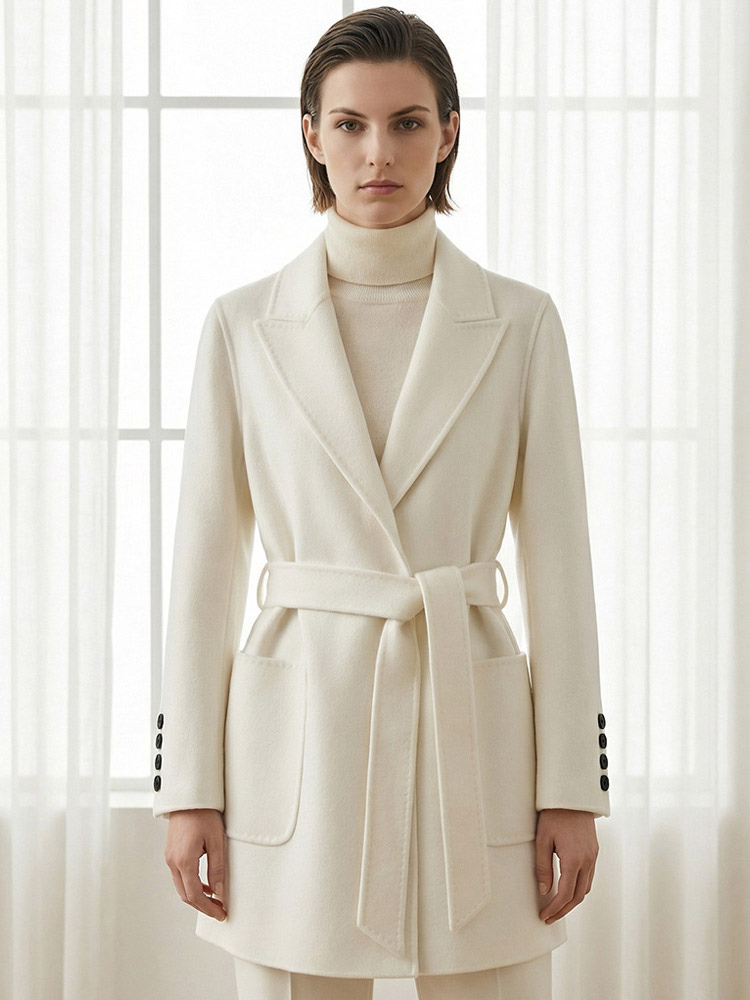 Manteau court en laine écru pour femme coupe portefeuille ceinture revers cranté veste en laine double face