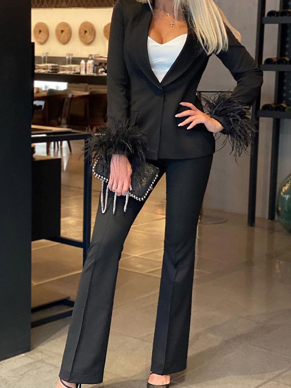 Ensemble pantalon et veste slim à revers à un bouton tailleur-pantalon deux pièces avec poignets à plumes