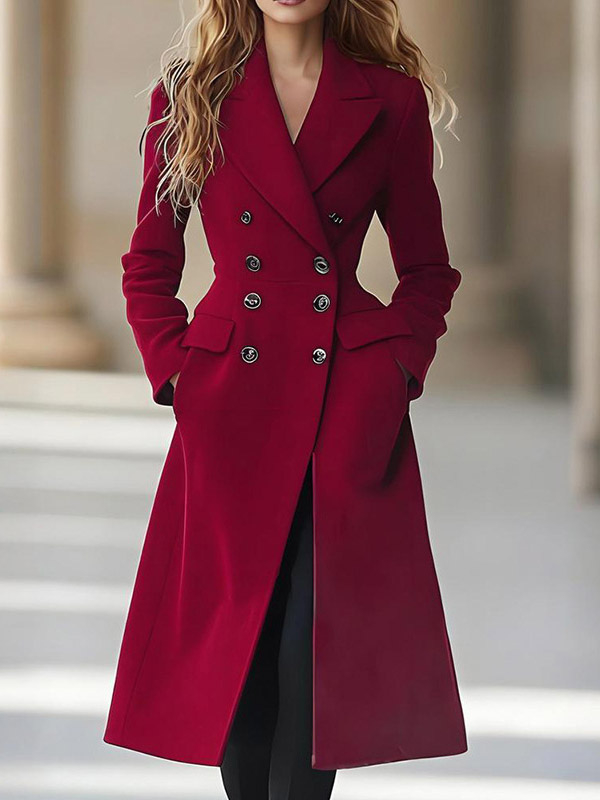 Manteau long en laine mélangée rouge bordeaux à double boutonnage revers cranté coupe ajustée maxi manteau en laine