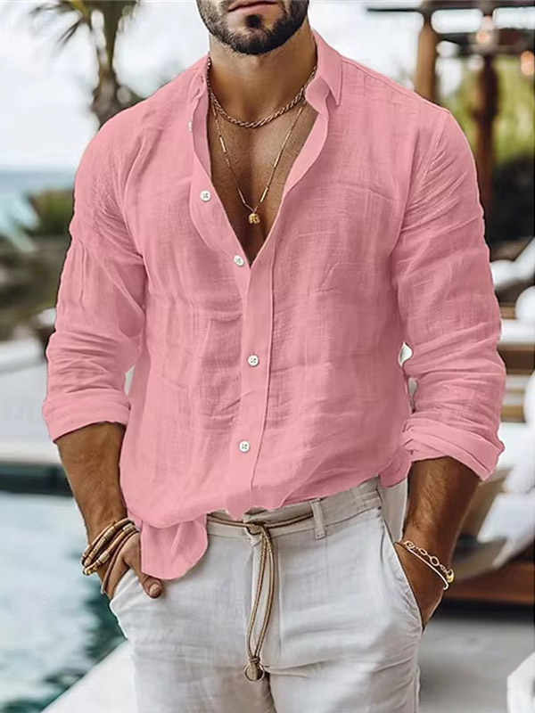 Chemise en lin pour homme été boutonnée couleur unie manches longues style décontracté.