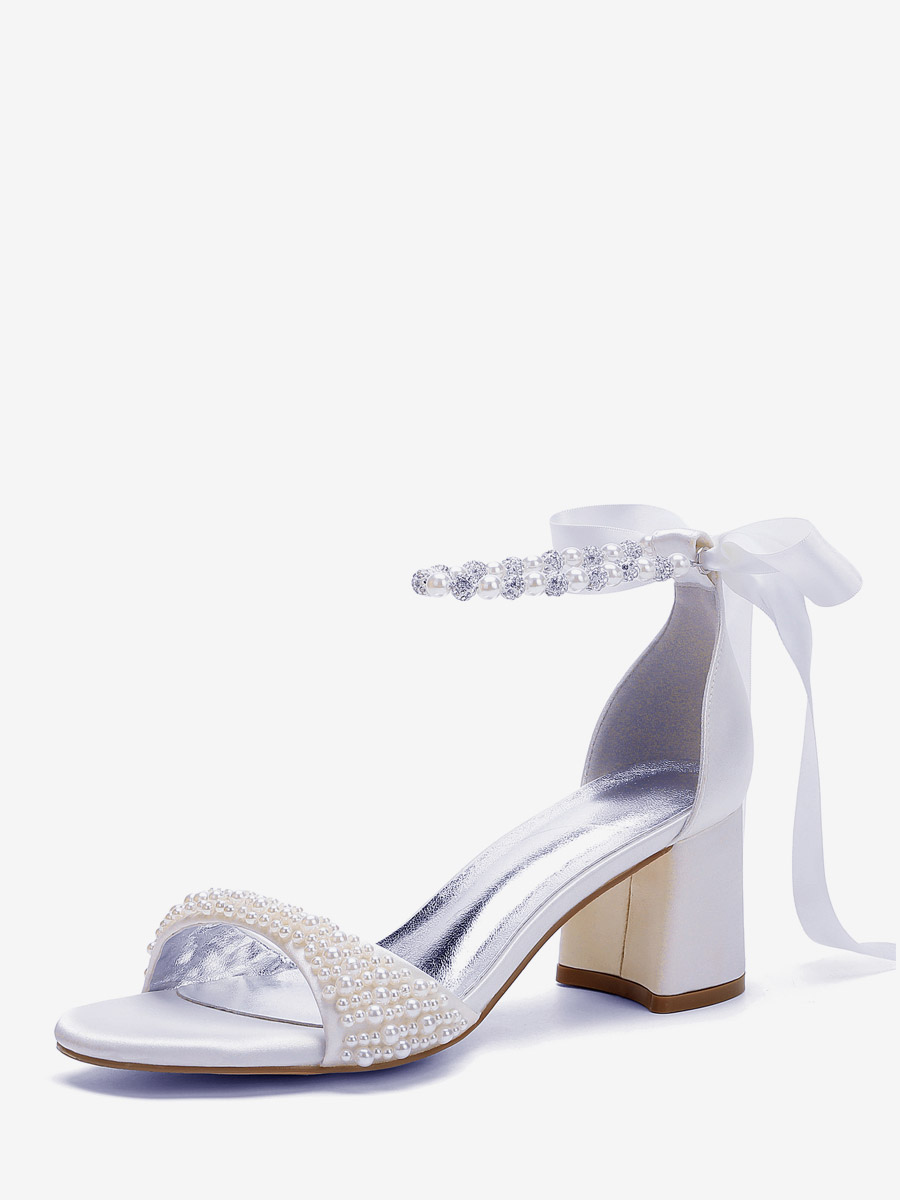 Chaussures de mariée à talon bloc bout ouvert perles strass bride cheville