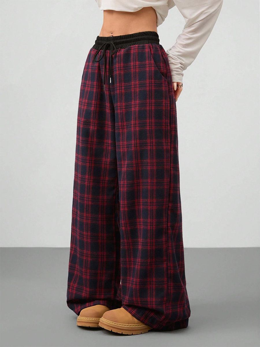 Pantalon à carreaux taille haute à cordon de serrage jambes larges coupe ample style streetwear décontracté pour femme
