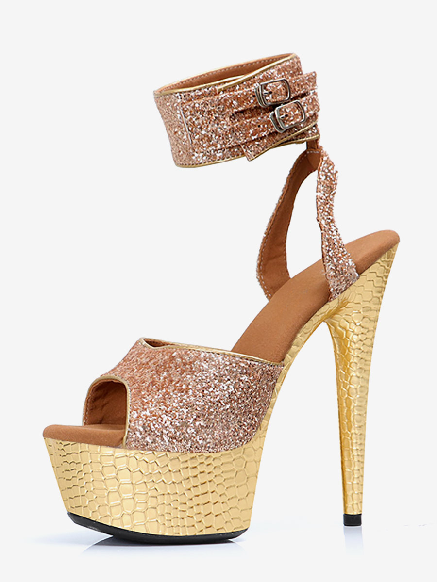 Sandales sexy à talons hauts plateforme pailletée bout ouvert et lacets