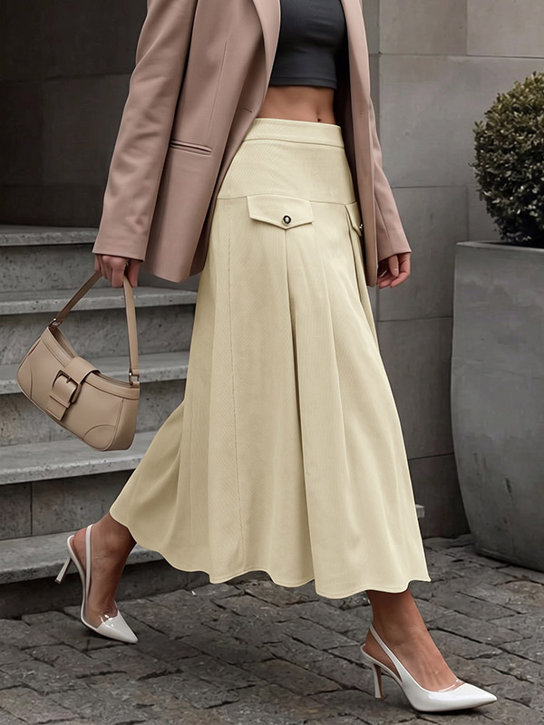 Jupe midi en velours côtelé pour femme taille haute poches décoratives plissée coupe trapèze longue jupe maxi décontractée