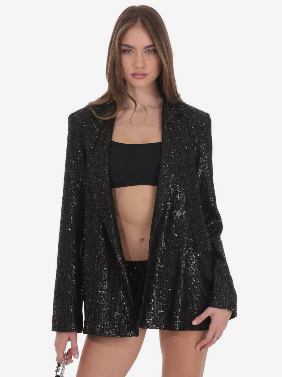 Blazer à sequins croisé pour femme coupe oversize idéal pour les soirées et les clubs noir et argent.