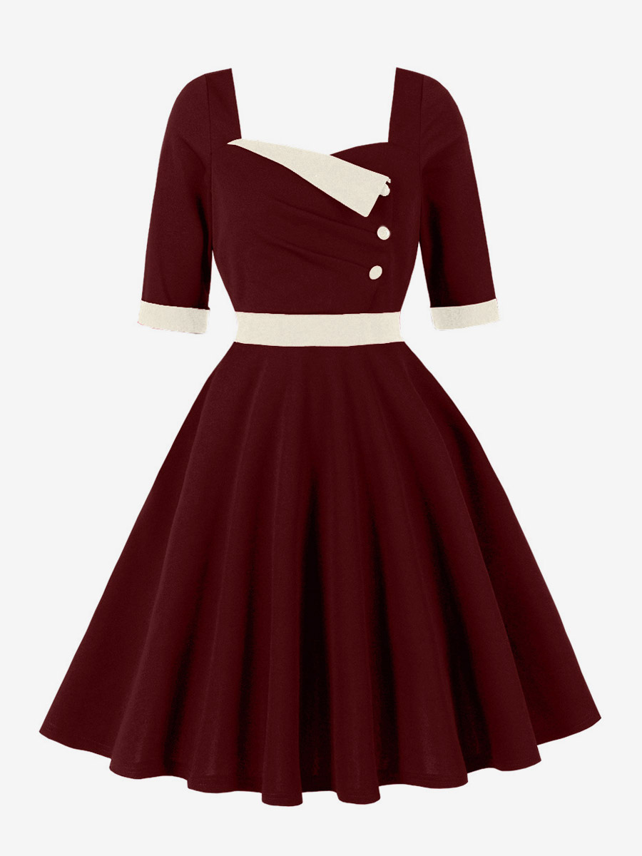 Robe midi vintage color block à col carré et coupe trapèze