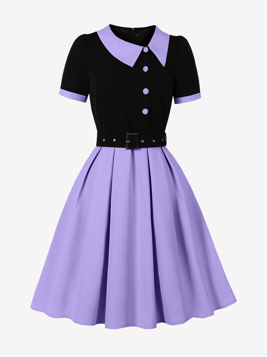 Robe midi vintage violette à col contrastant manches courtes et ceinture coupe trapèze