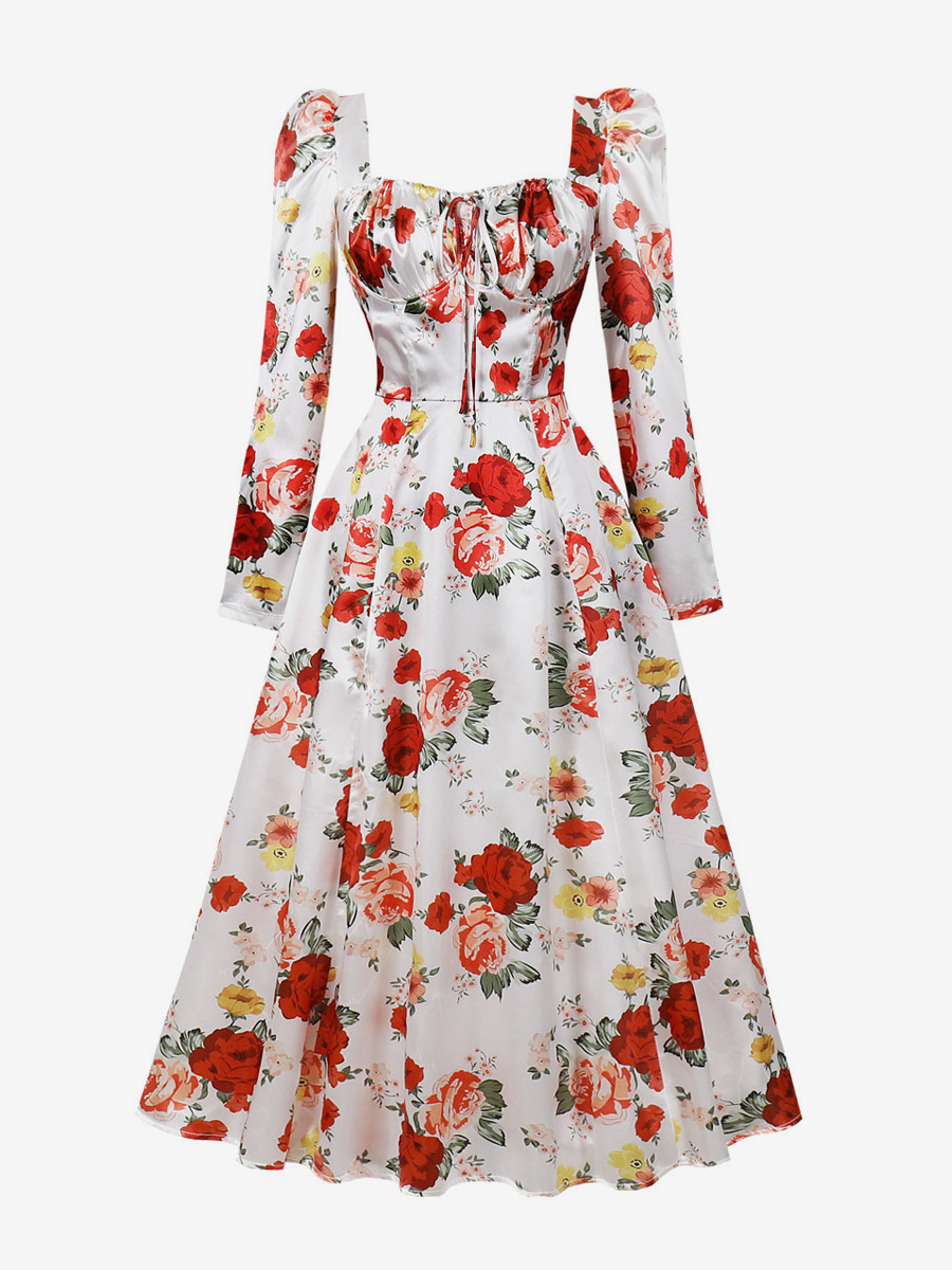 Robe longue vintage à imprimé floral pour femme col carré manches bouffantes dos lacé coupe trapèze