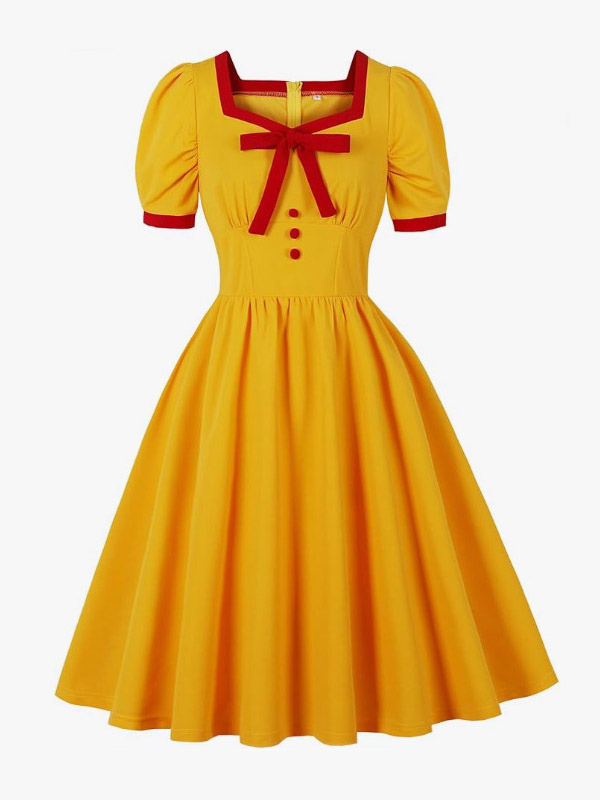 Robe vintage mi-longue à col carré et nœud manches bouffantes boutons décoratifs taille haute coupe trapèze