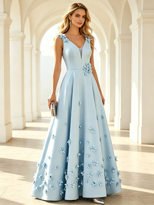 Robe de mère de la mariée col en V sans manches coupe trapèze fleurs longueur au sol robe d'invitée de mariage