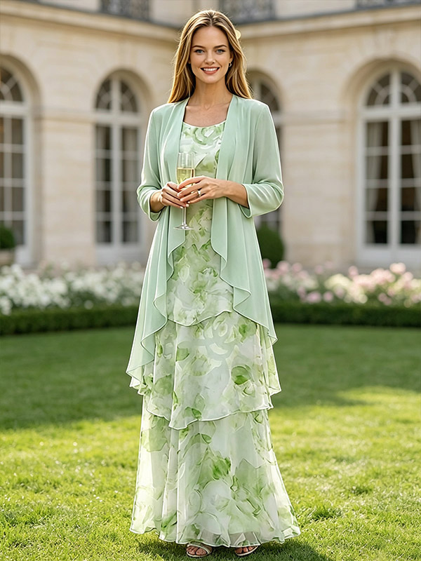 Robe de soirée deux pièces pour la mère de la mariée col bijou manches longues robe d'invitée pour un mariage