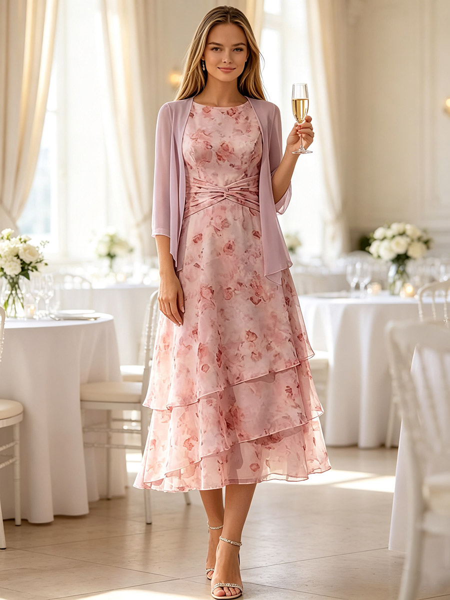 Robe de mère de la mariée col rond manches 3/4 coupe trapèze longueur thé robe d'invitée pour un mariage