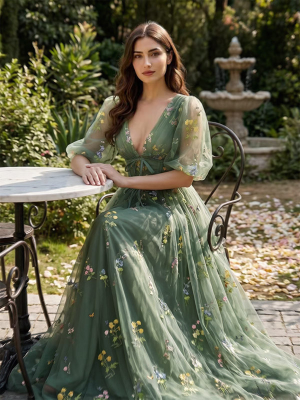 Robe de soirée robe de bal col en V robe de cérémonie longue en dentelle