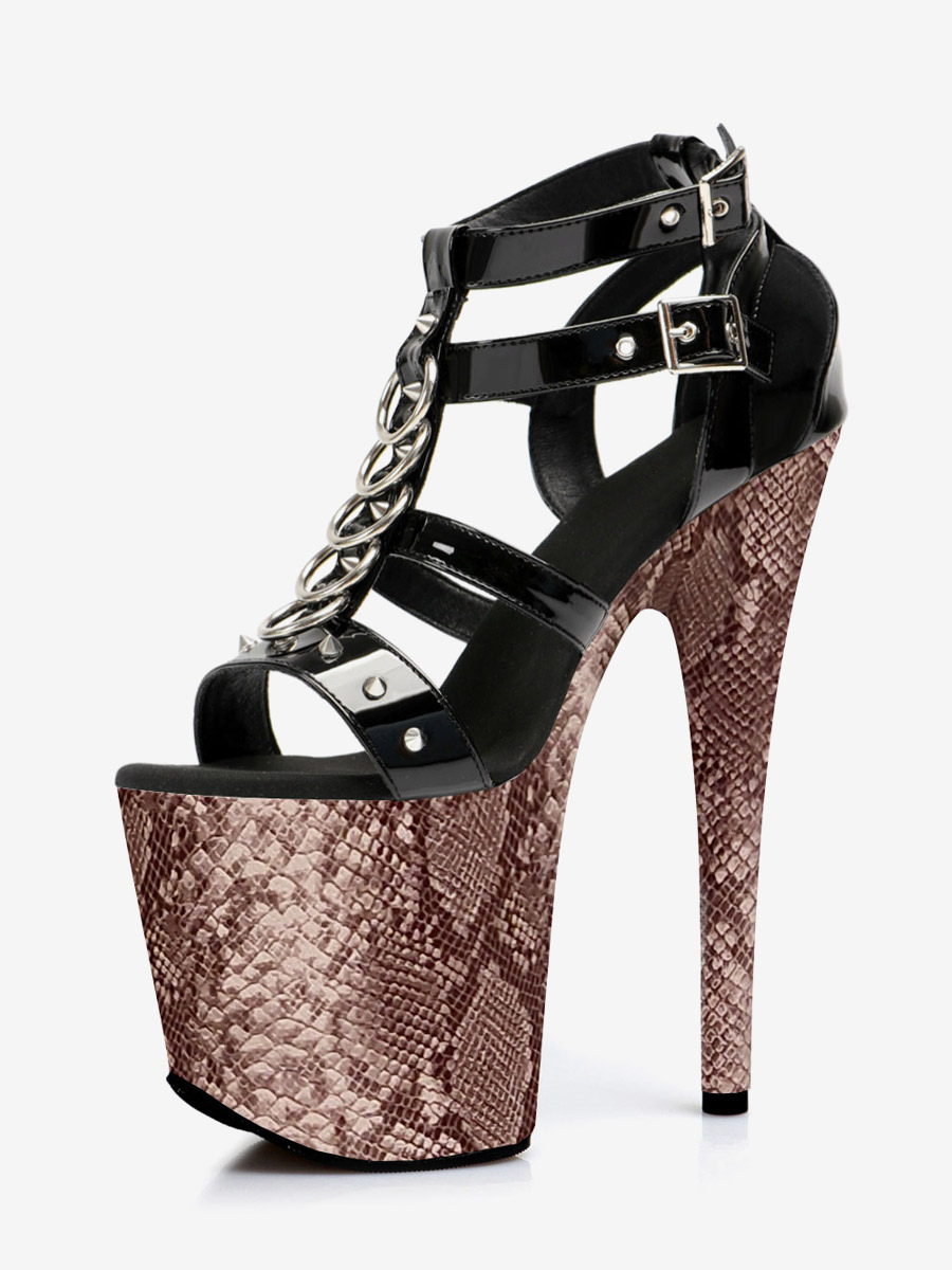 Sandales à talons hauts marron motif serpent plateforme bout ouvert style T sexy