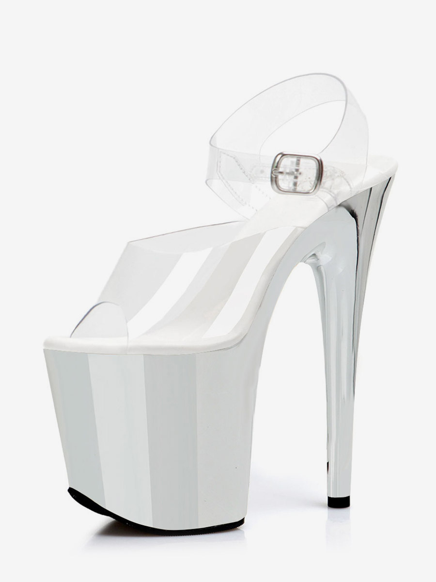 Sandales sexy argentées à plateforme bout ouvert et détails à boucle talons hauts