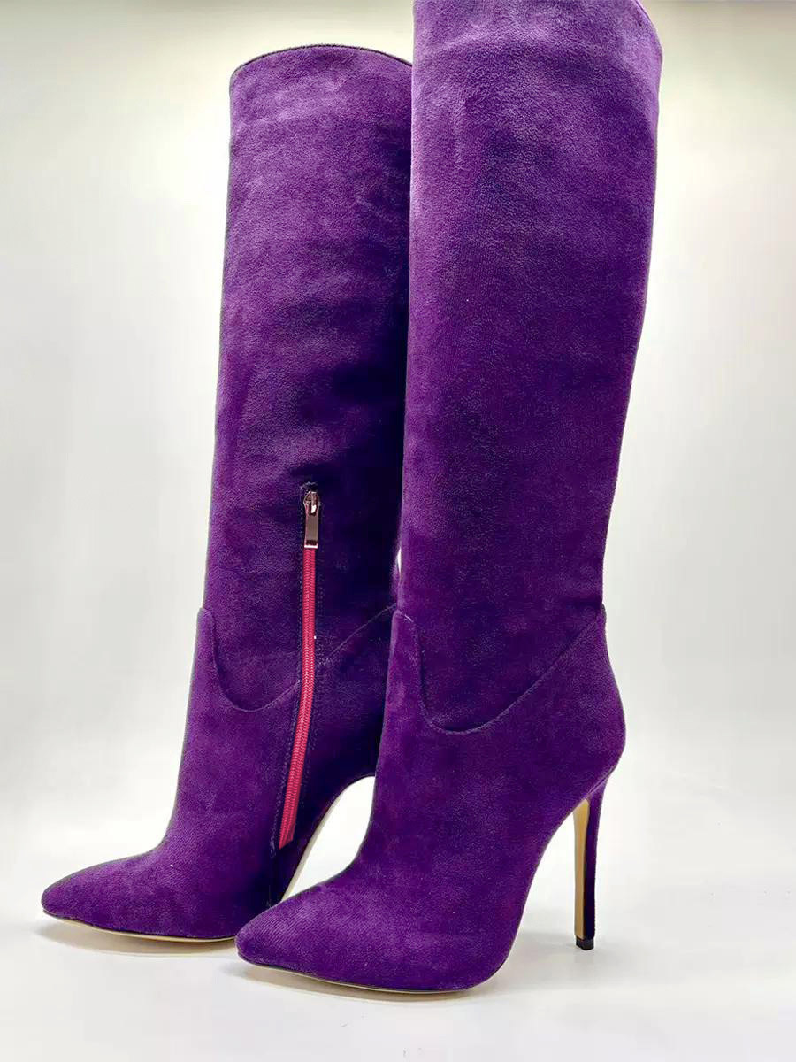 Bottes hautes en daim à bout pointu et à talons hauts avec fermeture éclair